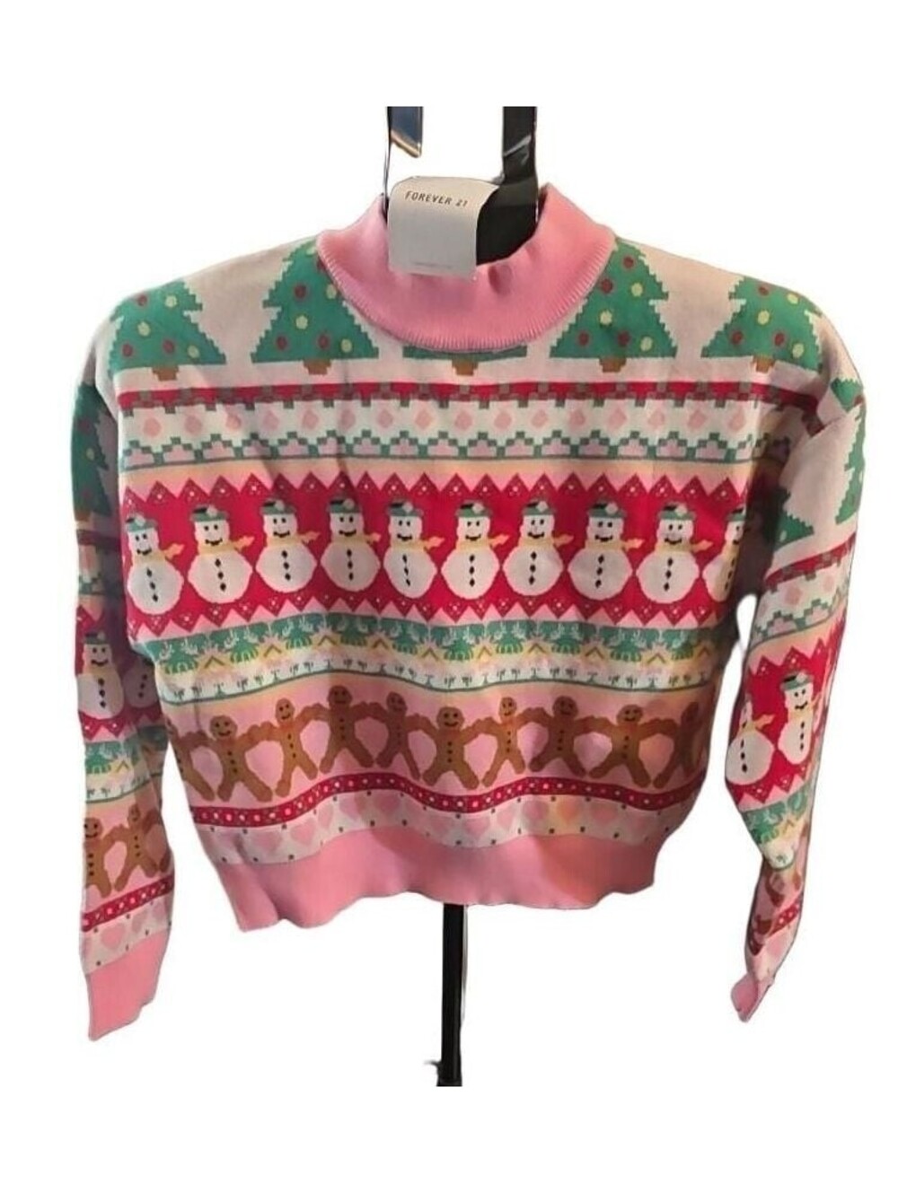 Forever 21 Holiday Christmas Fair Isle Snowman Gingerbread Knit Mock Neck Sweate